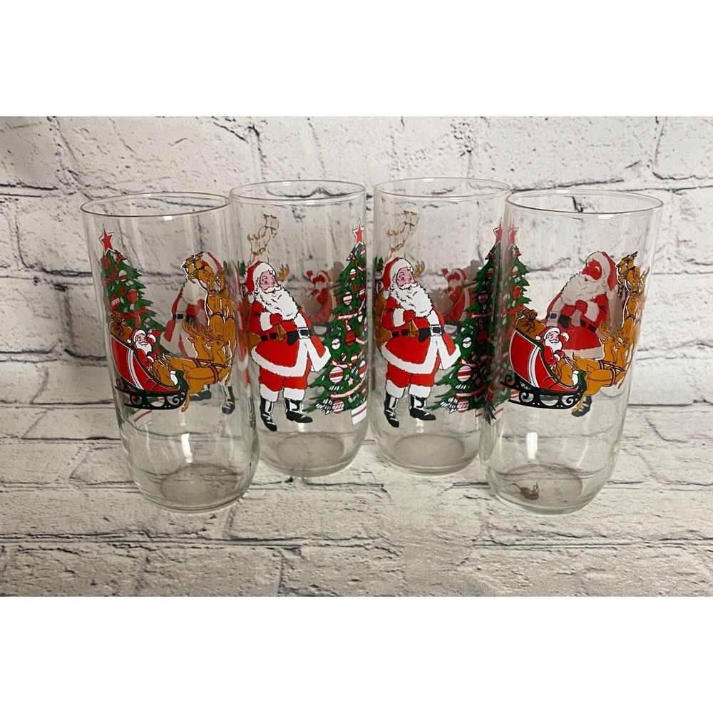 Vintage‎ Luminarc Christmas Tumbler Glasses 1992 Santa Tree 16oz